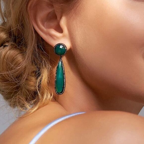 NEW Natural Green Onyx Teardrop Earrings - Picture 3 of 8